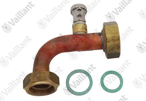 Vaillant Rohr mit einer gebogenen Form, ausgestattet mit einer Pumpe und Kondensatoranschluss, umgeben von zwei grünen Dichtungen.